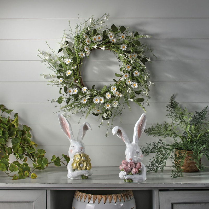 Lapin pensif en résine 12 "avec fleurs