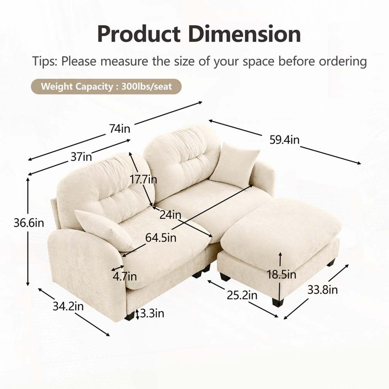 Canapé modulaire en chenille 2 places avec 2 coussins et repose-pieds