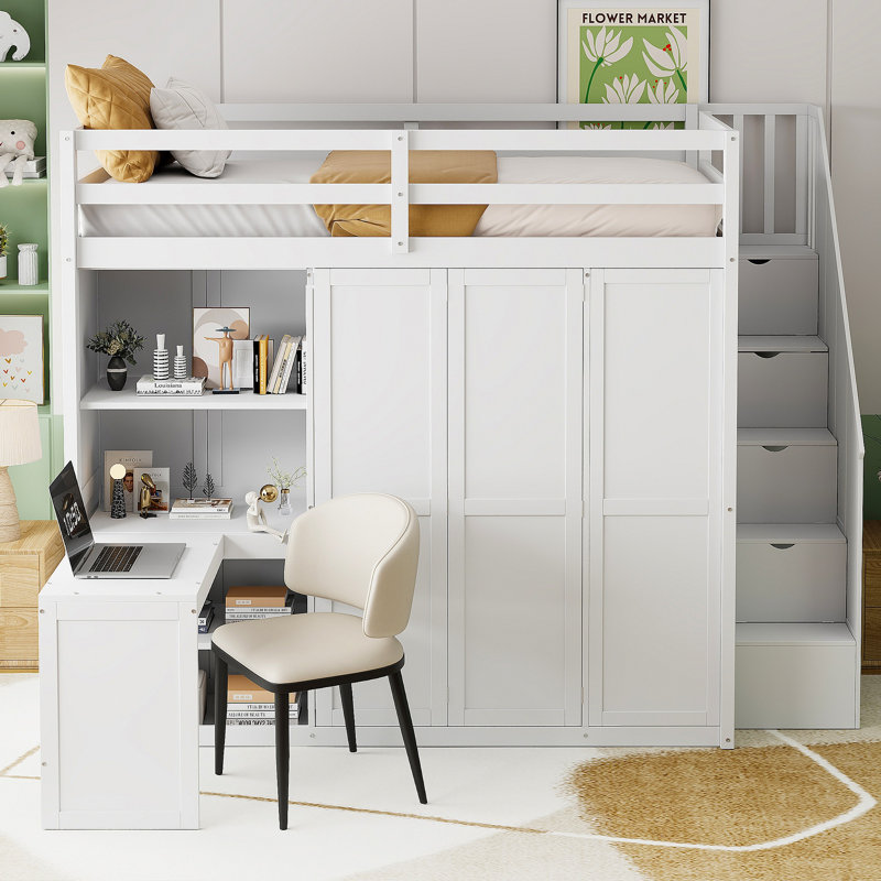 Lit mezzanine avec garde-robe, bureau et tablettes, Blanc