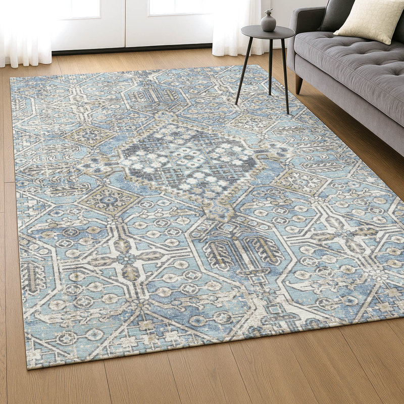 Premium Machine Washable Mayfield AMF2197 global Rug, Sky, 8' x 10'