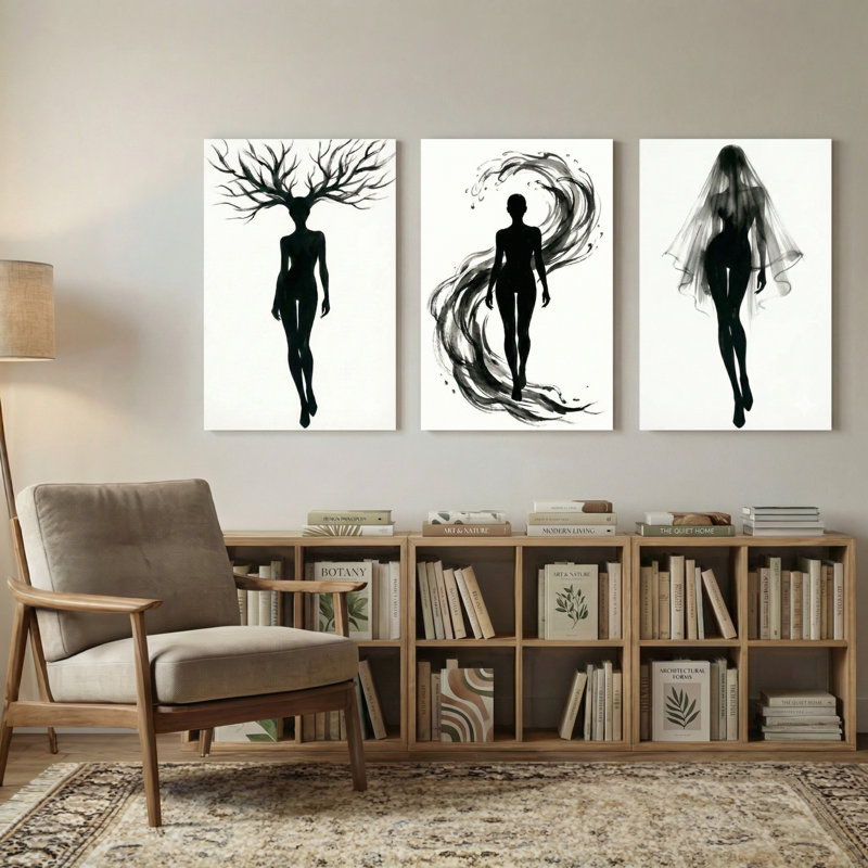 Silhouette abstraite femme arbre, voile de vent, ensemble de 3 impressions sur toile, H 18 po x l 36 po