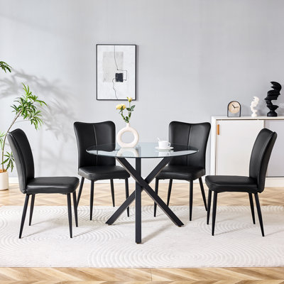 Ensemble de table de salle à manger ronde pour 4 personnes, ensemble de table de salle à manger en verre, ensemble de table de cuisine et de chaises 5 pièces, pour le salon, petit espace (inclure 4 chaises noires)