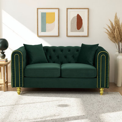 63" Modern Velvet Loveseat Sofa, 2-Seater Chesterfield Couch with Button Tufting, Rolled Arms & Gold Legs, Plush Green Upholstered Loveseat for Living Room, Bedroom, Office