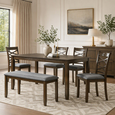Elegant 6-Piece Wooden Dining Table Set with 4 Chairs and a Bench, Modern Rectangular Design for Family Gatherings and Everyday Use