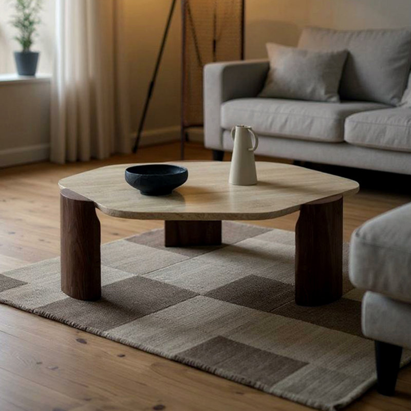 Rugged Hex Coffee Table with Stone Top, 13.8" H x 44.1" L x 36.6" W