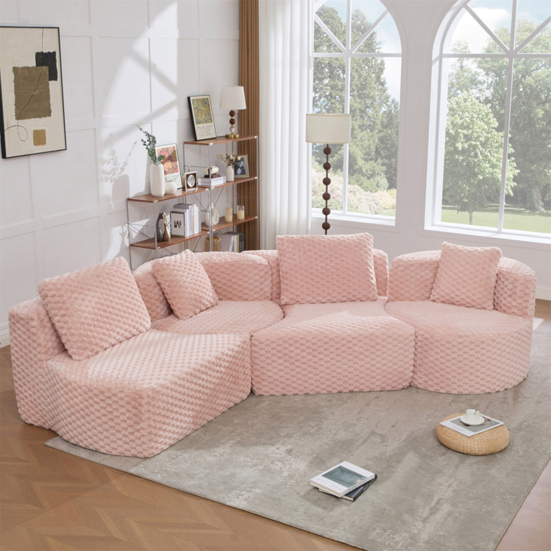 Canapé modulaire modulaire de 137,8 po sans os rembourré pour le salon, Polyester rose, Rose