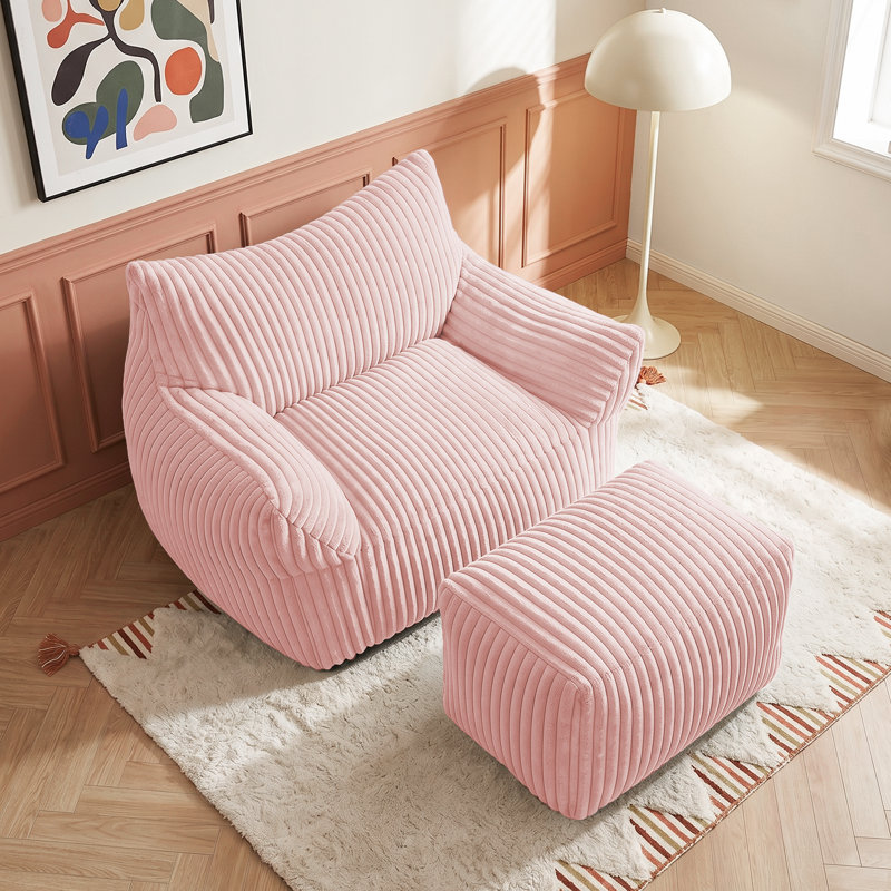 Compression Bean Bag Chair with Ottoman , Comfy Memory Foam Large Lazy Sofa, Bright Pink Corduroy