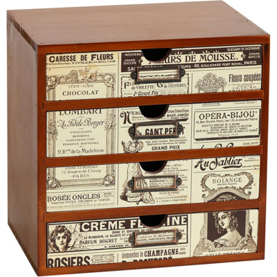 4-Drawer Vintage Ephemera Pattern Desktop Organizer - Arts and Craft Newspaper Design Desk Storage Cabinet - Ephemera Wood Shelf Drawers with Label Holders - Scrapbook Collecting