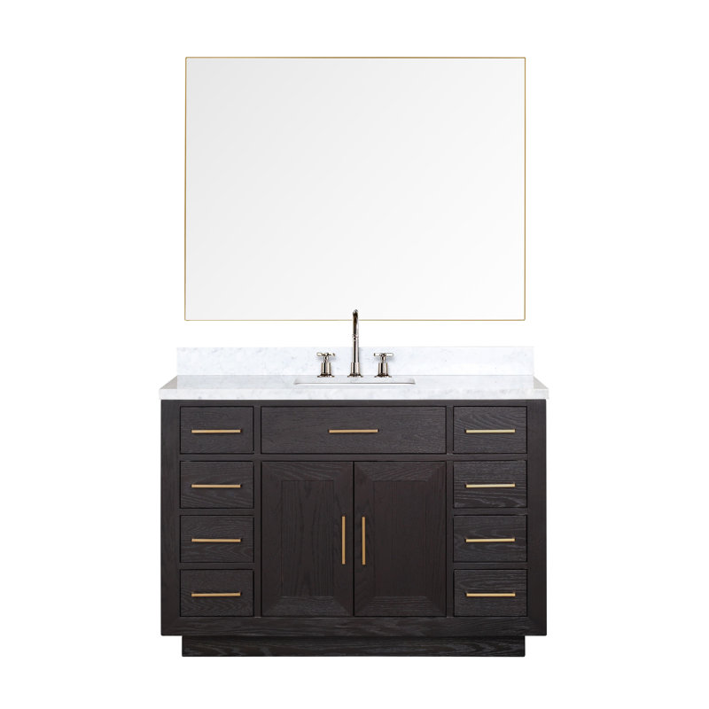 48" Single Bathroom Vanity Set with Mirror, White Carrara Marble, Black Oak