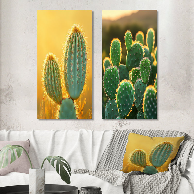 Cactus dans la lumière du matin I - Collection d'art floral sur toile 2 panneaux, H 40 po x l 41 po, Toile tendue