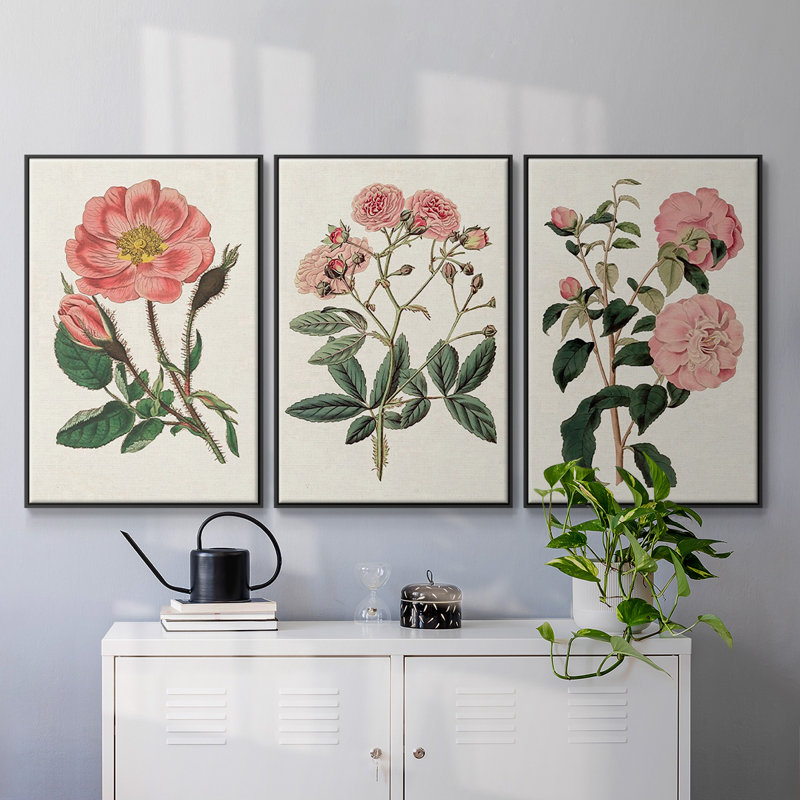 «Pink Floral Mix IV», ensemble de 3 pièces encadrées sur toile, Noir, H 27 po x l 54 po