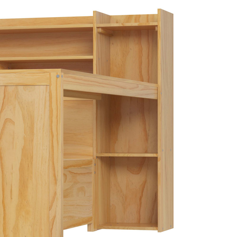 Lit de jour en bois avec tablettes de rangement, lit gigogne et bureau d'étude, Naturel, Complet/Double