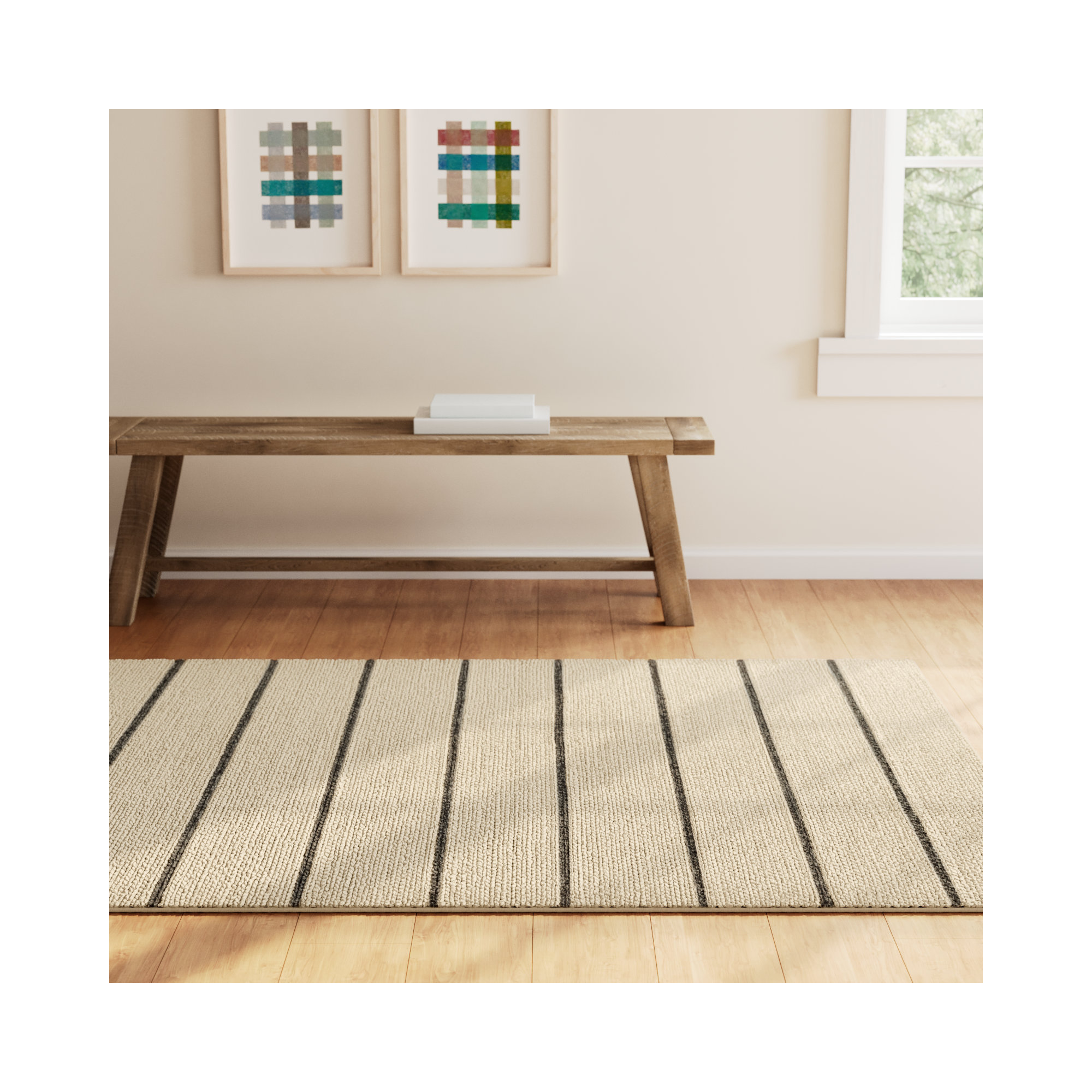 Lemington Striped Handwoven Wool Ivory/Beige Area Rug, Rectangle 9 x 12'