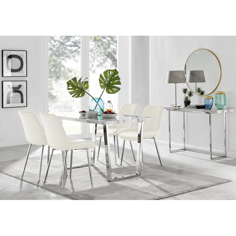 Kylooe Modern Marble Effect And Silver Dining Table Set With 4 Luxury Velvet Dining Chairs, Cream/Silver