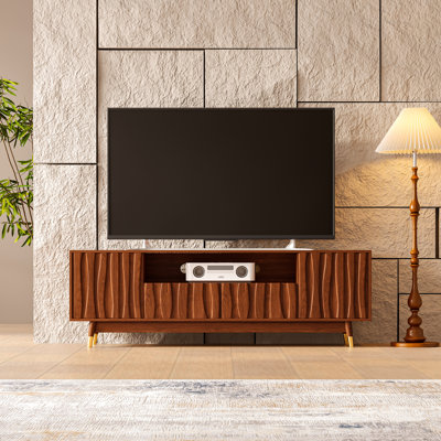 Meuble télé 66 po à finition noyer brun pour téléviseur 48/55/65 po, meuble multimédia Mid-Century moderne avec 2 tiroirs et 2 armoires pour la chambre à coucher du salon