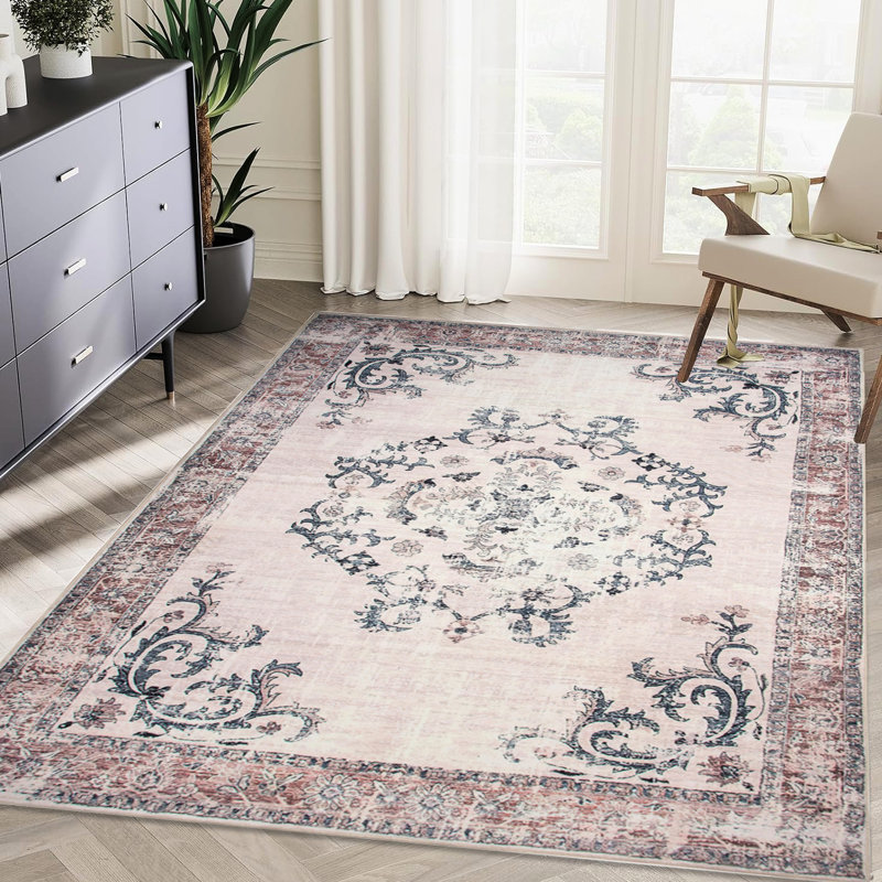 5x7 Non-slip Area Mat - Machine Washable, Vintage Bohemian Floral For Bedroom, Living Room, Dining Kitchen, Entrance Carpet