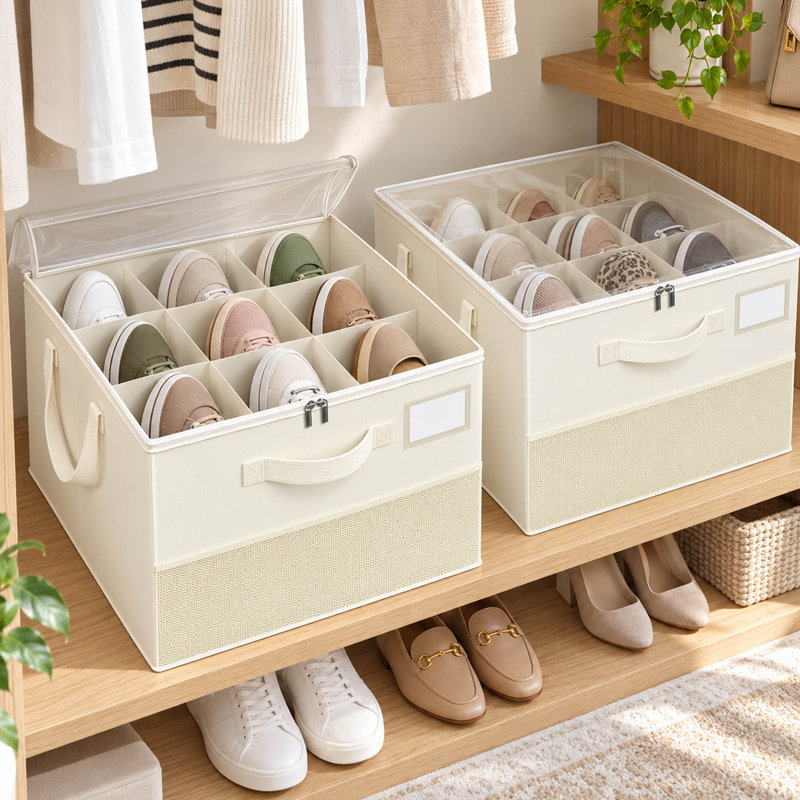 Lot de 2 organisateurs de rangement de chaussures pliables avec séparateurs ajustables et couvercles transparents