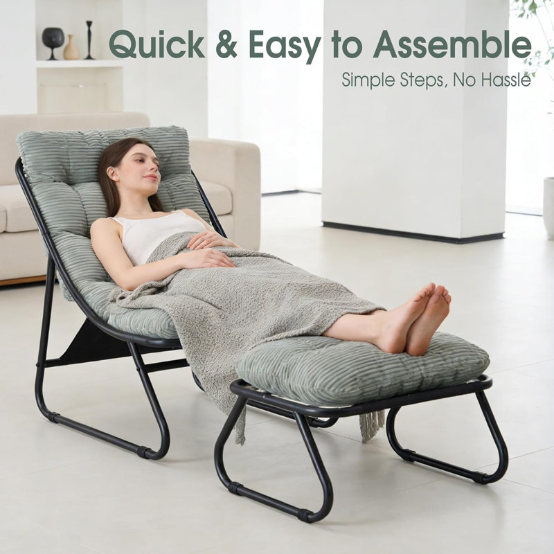 Chaise longue d'extérieur avec repose-pieds et coussins, Velours côtelé vert clair