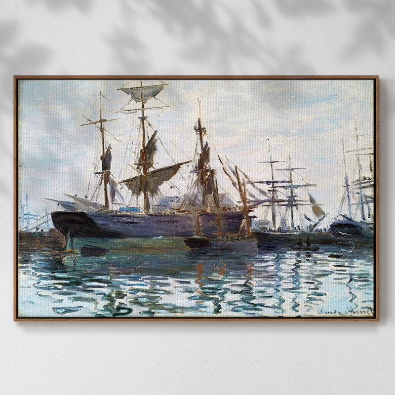 Ships In Harbor, 1873, reproduction d'art sur toile, H 25 po x l 37 po x P 2 po, Toile avec cadre en coin WalnutGold