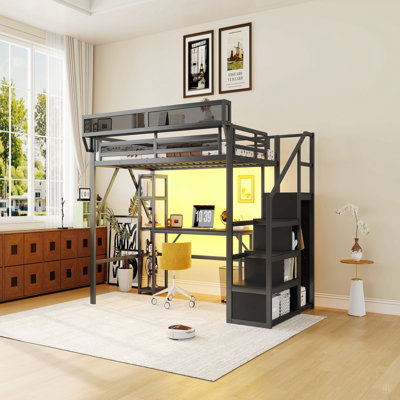 Lit mezzanine avec bureau et tablettes de présentation, lit mezzanine en métal avec escalier, garde-robe, station de charge et éclairage à DEL pour les adolescents, produits brevetés