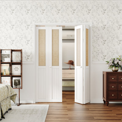 Double Rattan Folding Doors With Hardware Unfinished BiFold Interior Doors 2 Doors