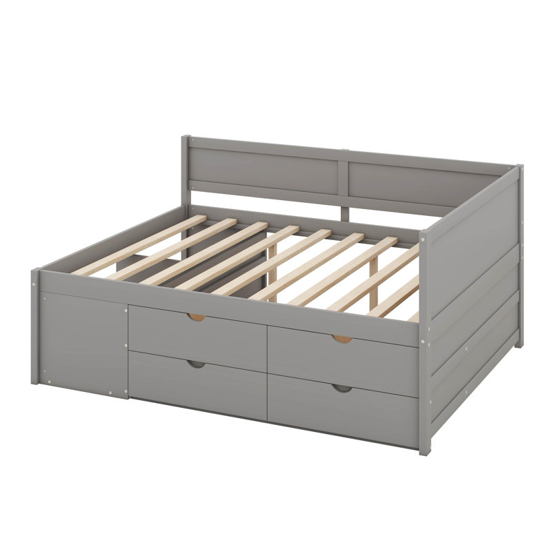 Full Size Daybed With 4 Drawers And Shelves, Wooden Platform Bed Frame With L-Shaped Headboard And Slats Support, Corner Bed