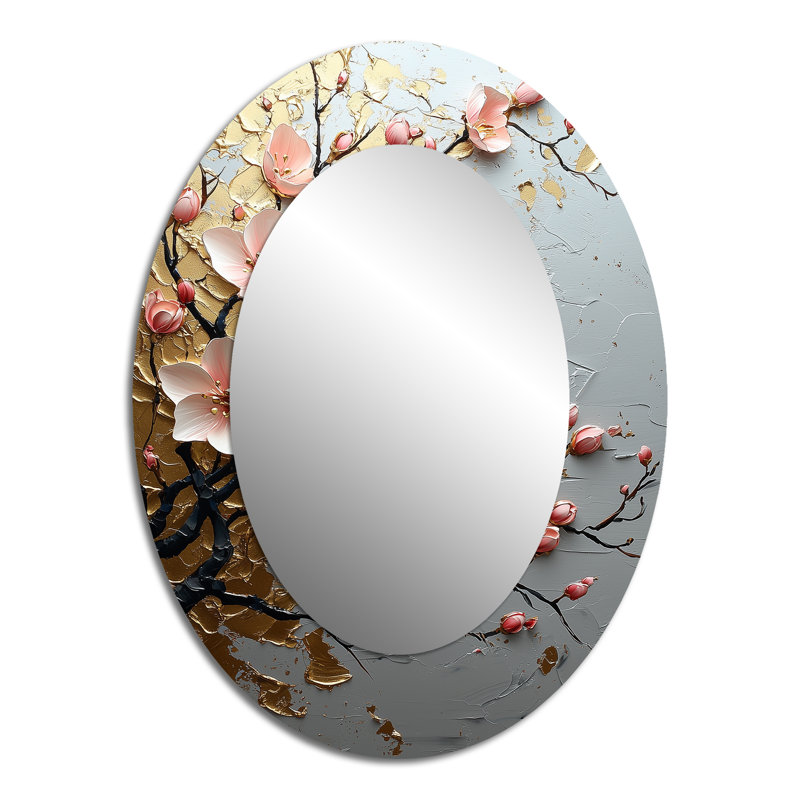 Pink And Gold Cherry Blossom Tree By The Lake II - Pink Traditional Oval Wall Mirror, 40" x 30"