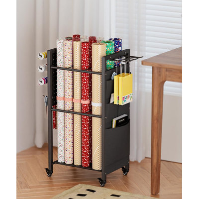 Organisateur de rangement de papier d'emballage avec roulettes, station de rangement de papier cadeau avec ruban et sac de rangement, chariot de rangement roulant pour artisanat avec bandes de 12 PCS, décoration de Noël