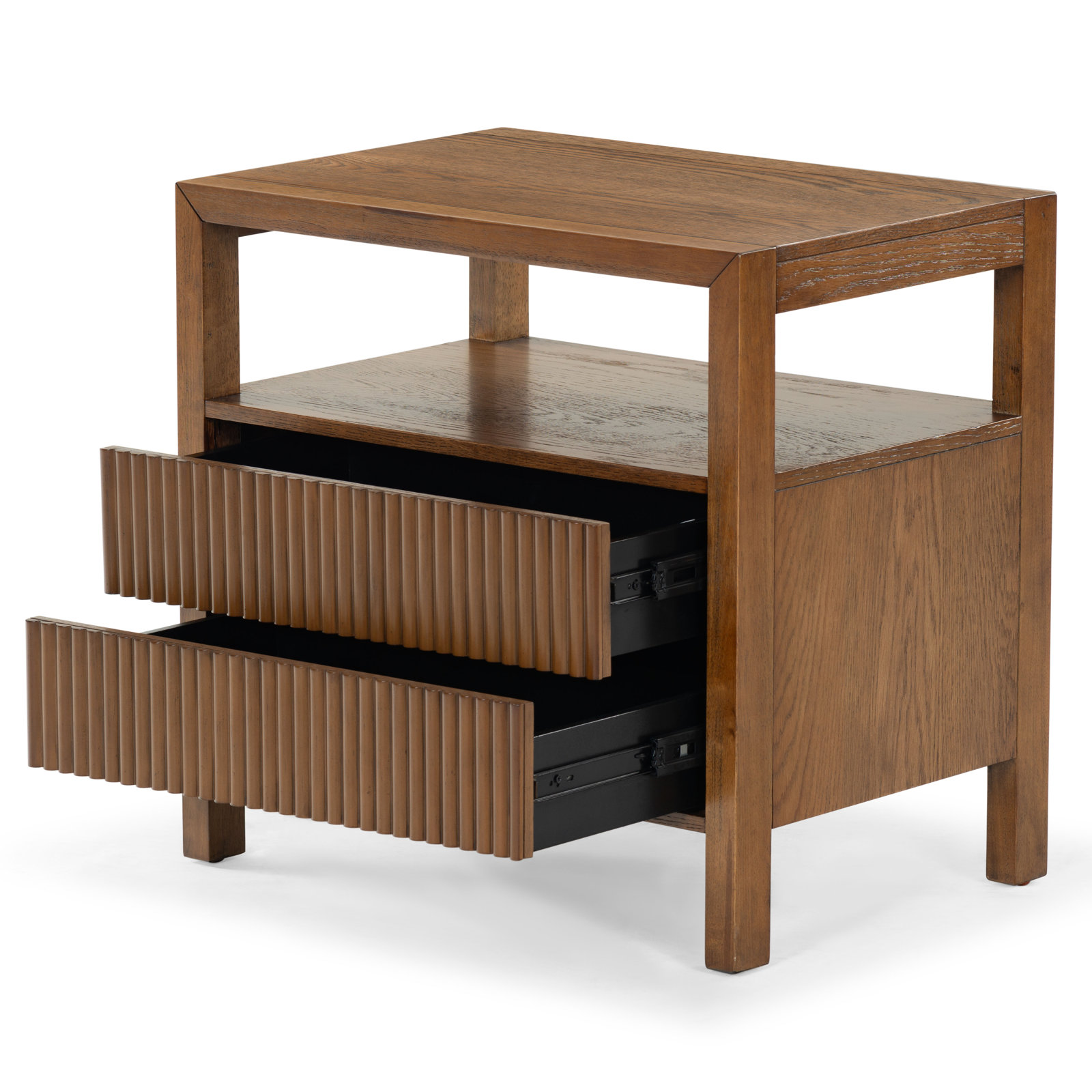Dorchester 2 Drawer Reeded Nightstand, Medium Oak