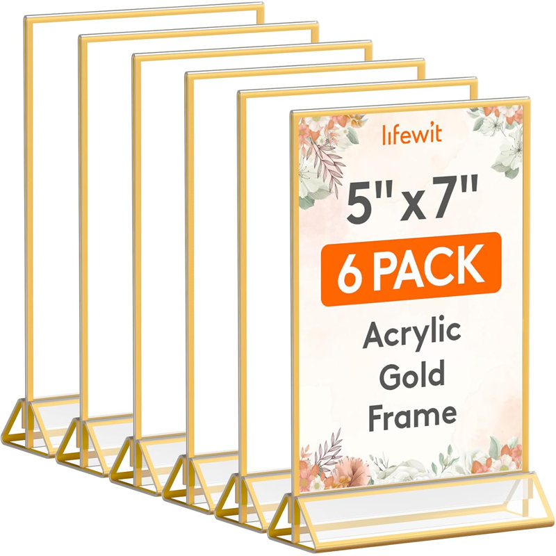 Paquet de 6 porte-affiches en acrylique avec bordures dorées, support vertical transparent, supports de menu en plastique, cadres de numéro de table pour cadres de mariage, fête, décor de restaurant