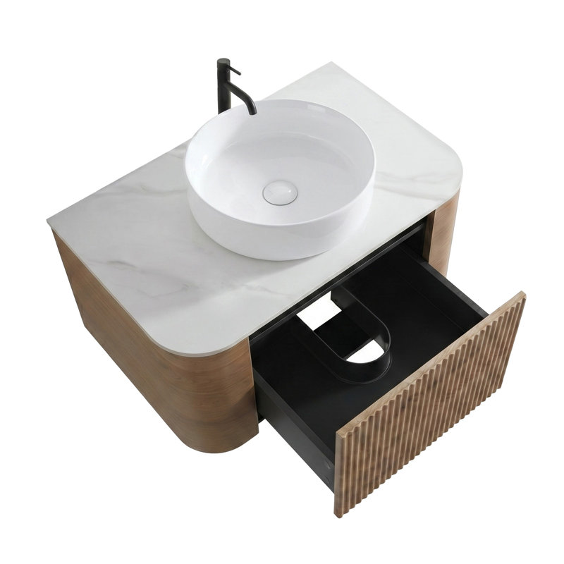 Meuble-lavabo mural de 76 cm (30 pouces) avec lavabo rond blanc rayé et tiroir de rangement, Honey Oak, 30, Blanc