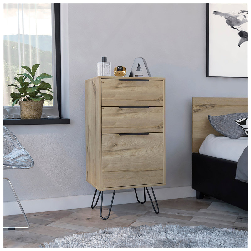 Commode London, trois tiroirs, plateau supérieur, pieds en épingle à cheveux