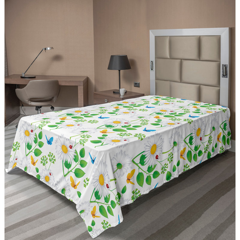 Ambesonne Top Flat Sheet Curving Art, White Green Floral, Twin XL Flat Sheet