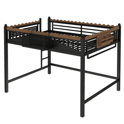  Queen Metal Loft Bed - Integrated Wardrobe Rail & Dual-Side Ladders - Modern Black High Bed Frame with Mesh Basket & Decorative Rails