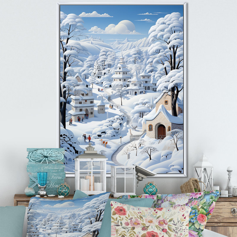 «White Winter Village Landscape II - Forest», art mural, Cadre flottant blanc, H 40 po x l 30 po