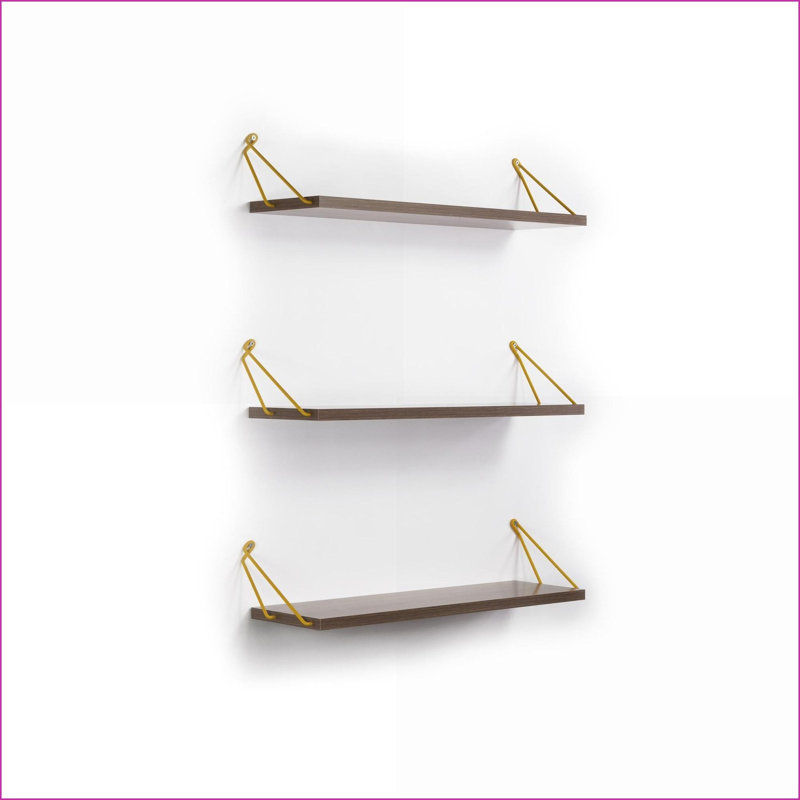 Tablette flottante triple murale rustique avec supports en métal | Noyer brun | Jaune moutarde