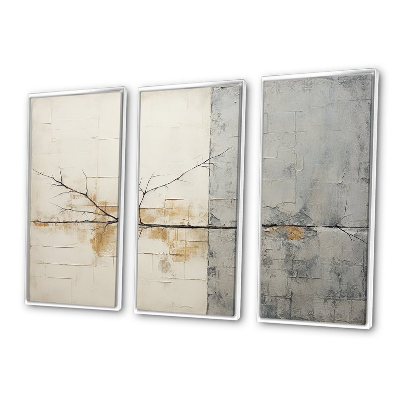 Grey And White Nature Split - Abstract Shapes Wall Decor Set, 40" H x 60" W x 1" D, White Floater Framed