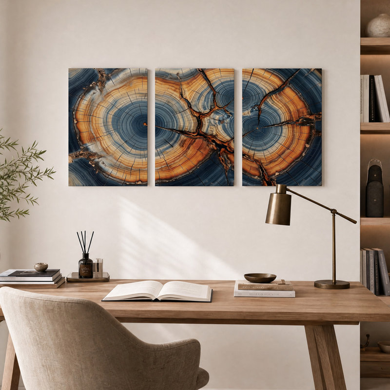 Ensemble de 3 toiles murales représentant des anneaux d'arbres craquelés bleus et orange, 24"H x 16"W x 3pcs