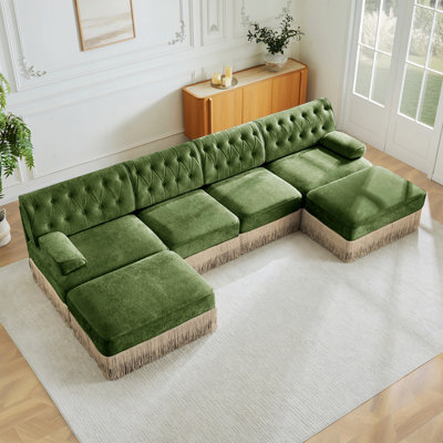 4-Seater Modular Sectional Sofa with 2 Ottomans, Tassel Skirt, Button Tufted Design