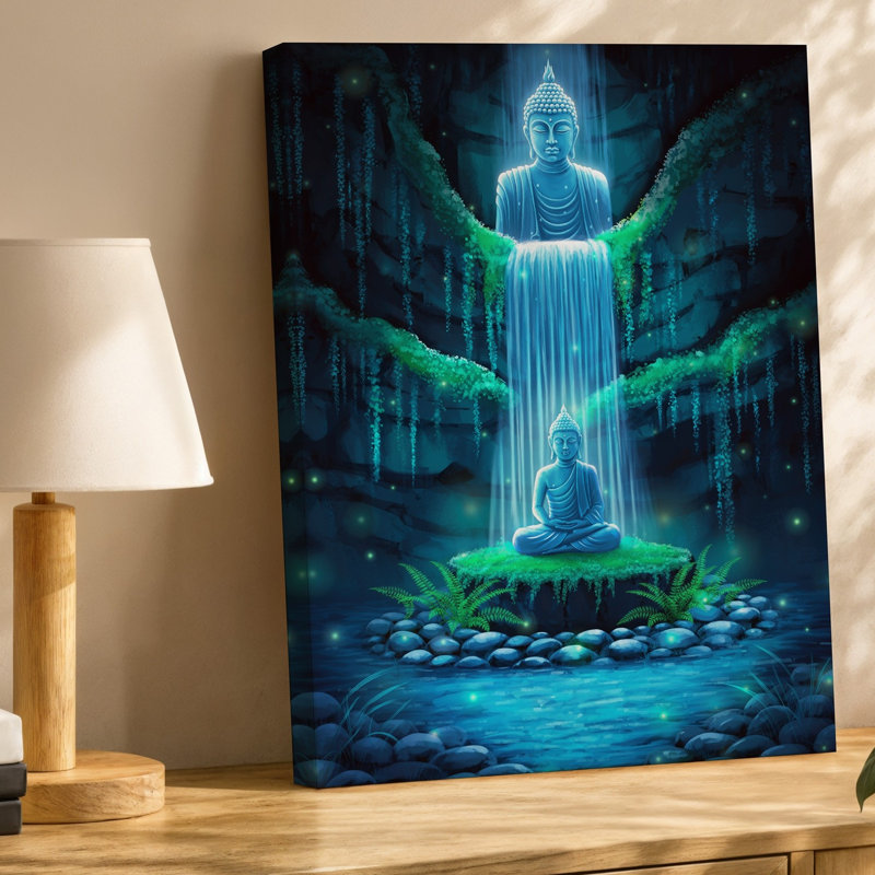 Toile dans une grotte sereine encadrant une statue de Bouddha tranquille, H 30 po x l 20 po