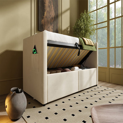 Lit de jour rembourré de taille simple, cadre de lit simple à rangement hydraulique avec chargement USB et Type-C, cadre de lit avec lattes de bois et dossier de canapé capitonné, beige, velours (sans matelas)