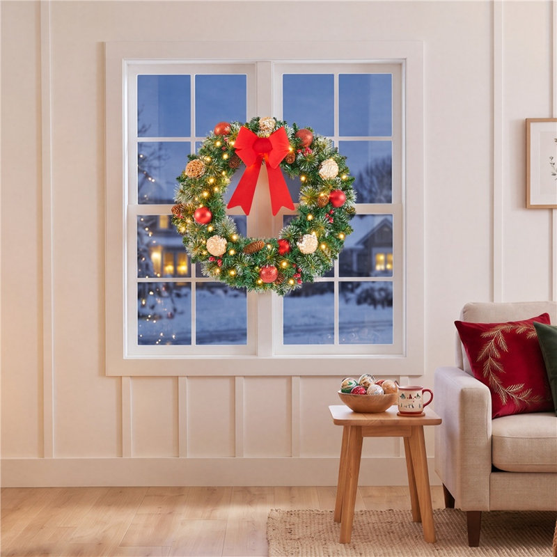 Couronne de Noël artificielle givrée pré-éclairée, 24 po