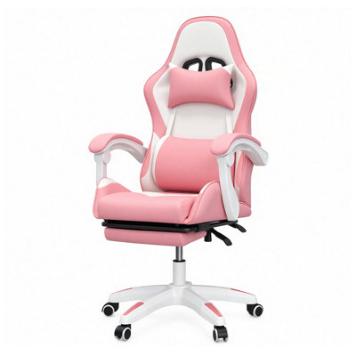 Fauteuil de jeu ergonomique en similicuir rose et blanc avec repose-pieds rétractable pour fille