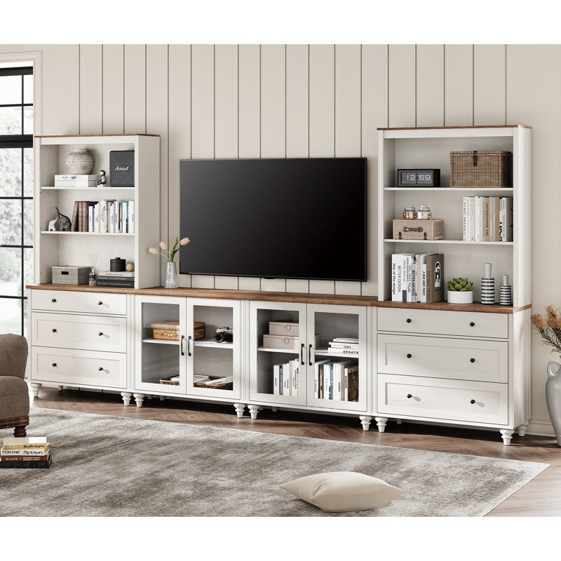 Scarlett Large TV Stand For 75 Inch TV, TV Console Table With Ample Storge Cabinet, Farmhouse Entertainment Center For Living Room, 72"H Bookshelf With 3 Tier For Study Room, White