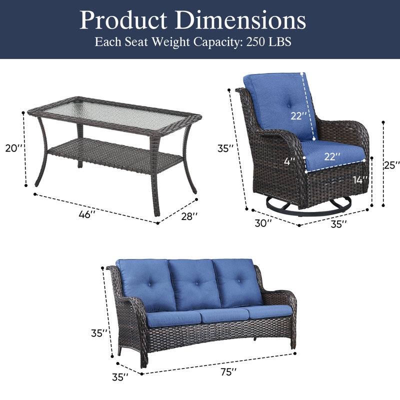 Ensemble de conversation d'extérieur carré pour 4 personnes Carolina avec causeuse et fauteuil pivotant, Bleu