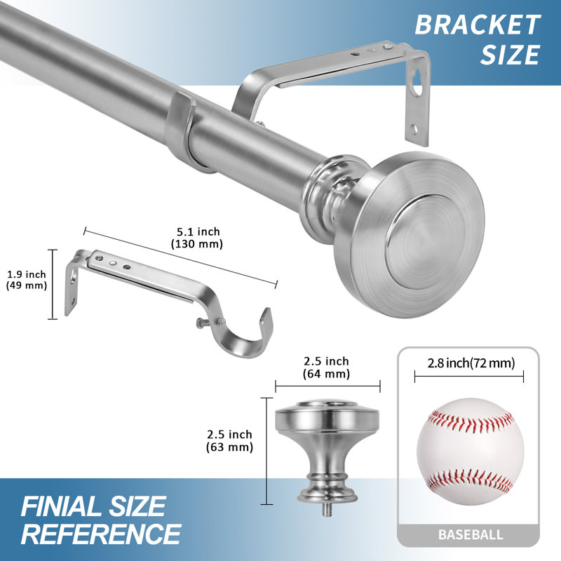 Brushed Steel Adjustable Single Curtain Rod with Decorative Finials