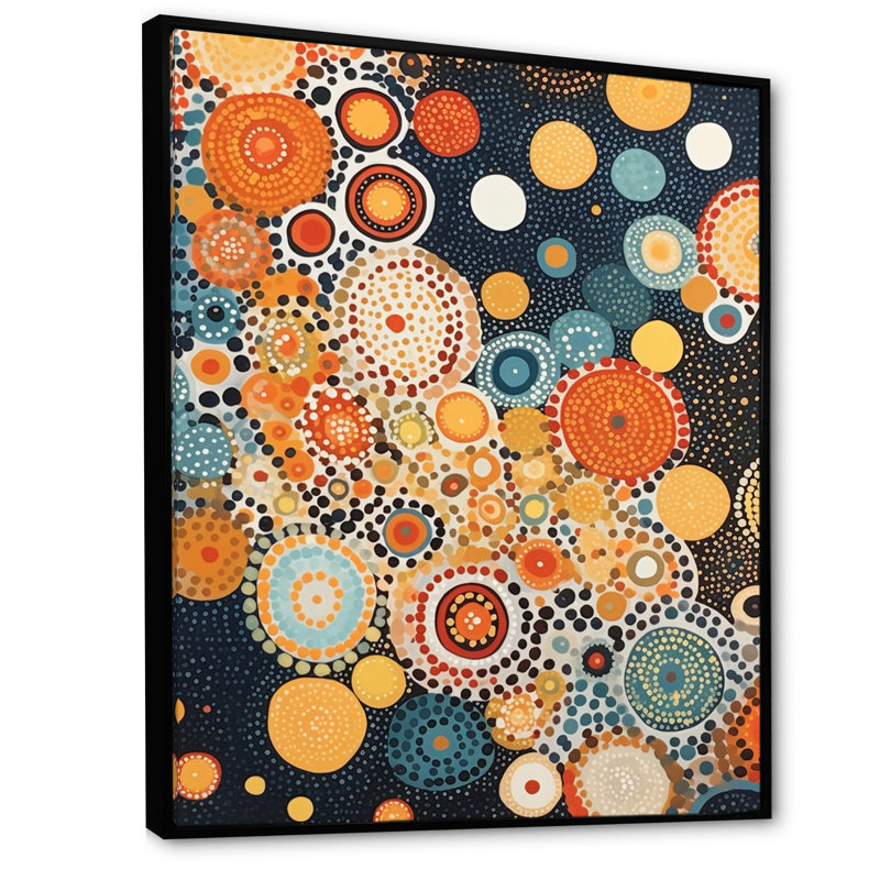 Aborigène circulaire à pois, composition d'ambre sur toile, Cadre flottant noir, H 44 po x l 34 po x P 1,5 po
