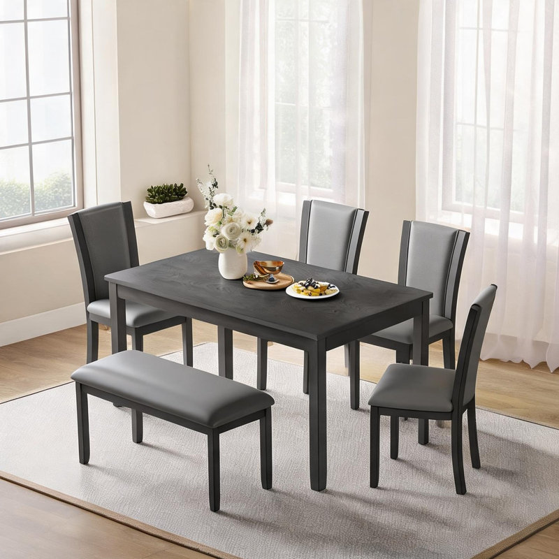 Table de salle à manger 6 pièces avec banc en bois aggloméré gris neutre et bois d'hévéa, table de cuisine rectangulaire en bois de 58,5 pouces pour six personnes