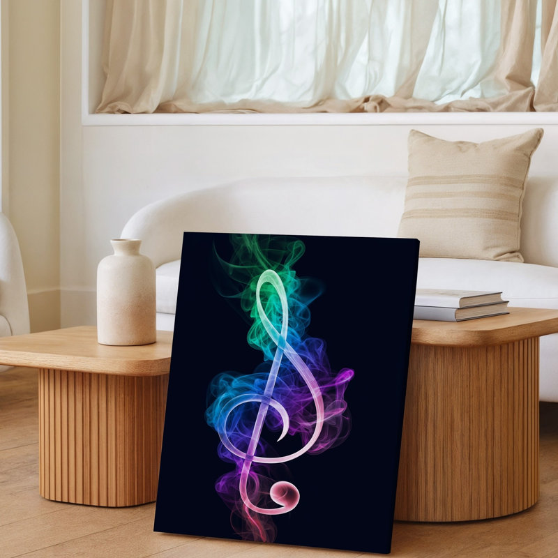 Reproduction d'art sur toile, symbole abstrait d'une clé de sol vibrante reproduite artistiquement avec de la fumée tourbillonnante dans une toile