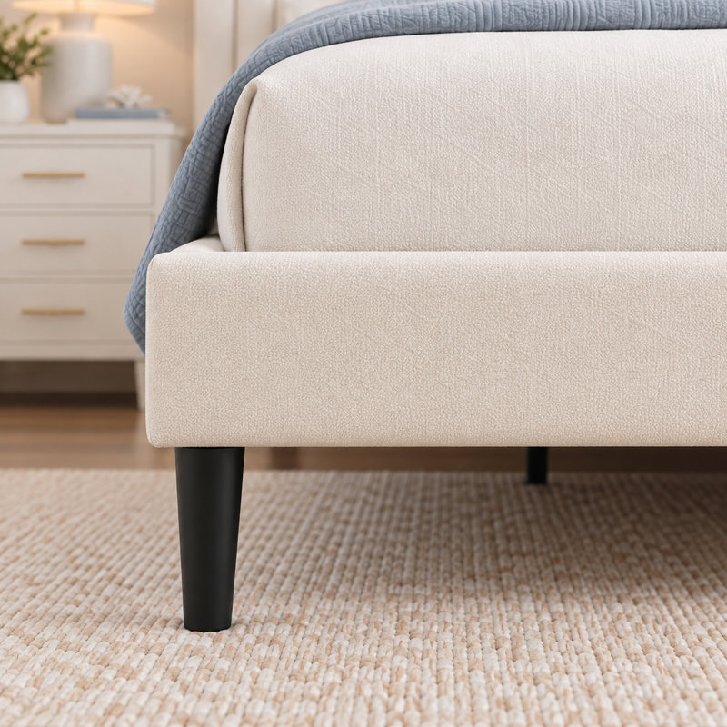 Lit rembourré avec tête de lit ajustable et sommier à lattes en bois, beige, Très grand lit, Beige